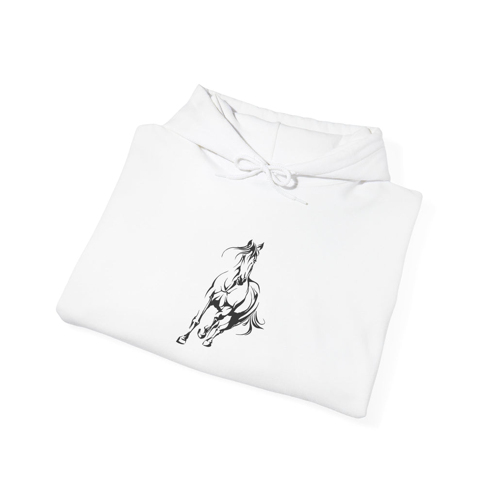 Minimalist Galloping Horse Hoodie — Small Center Chest Horse Illustration