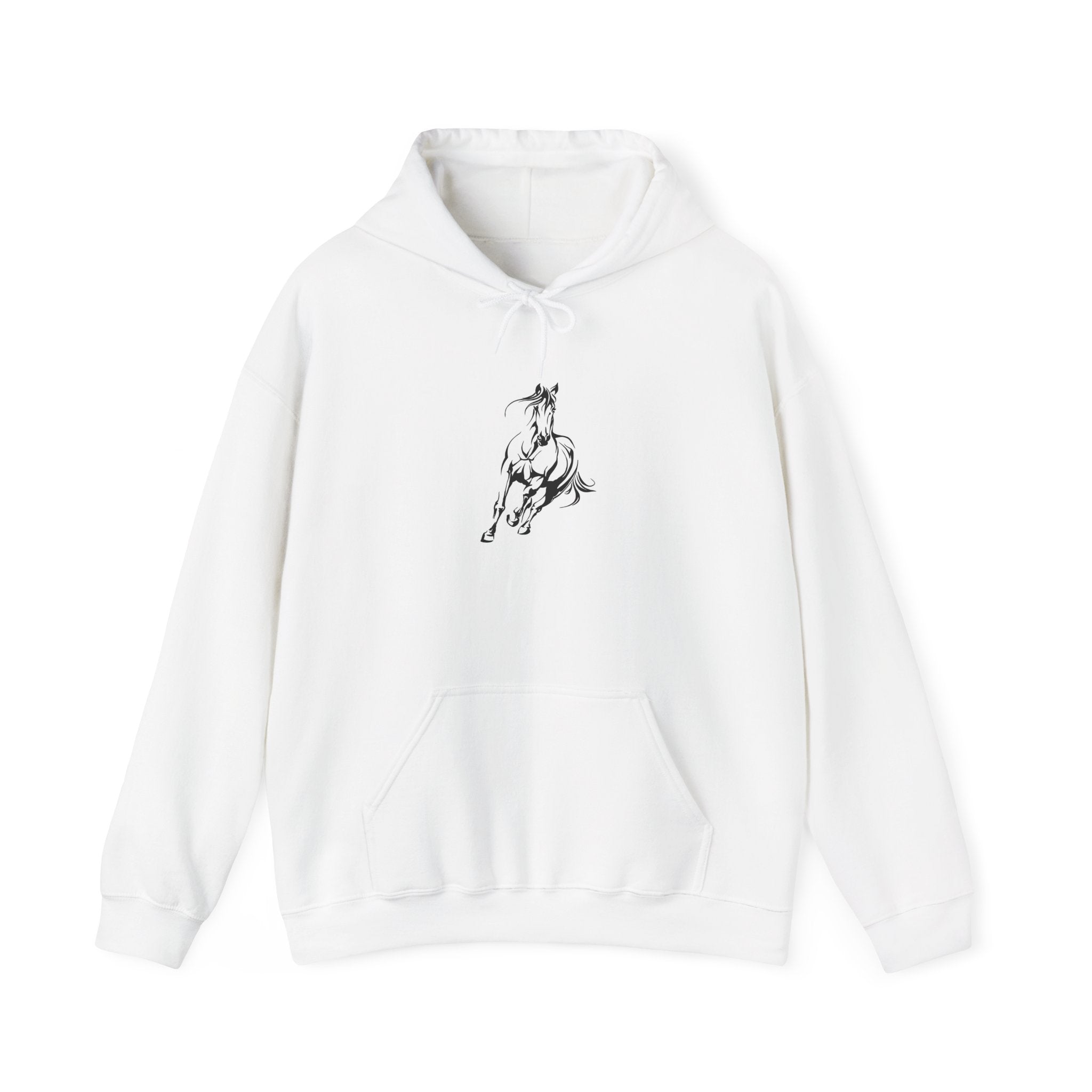 Minimalist Galloping Horse Hoodie — Small Center Chest Horse Illustration