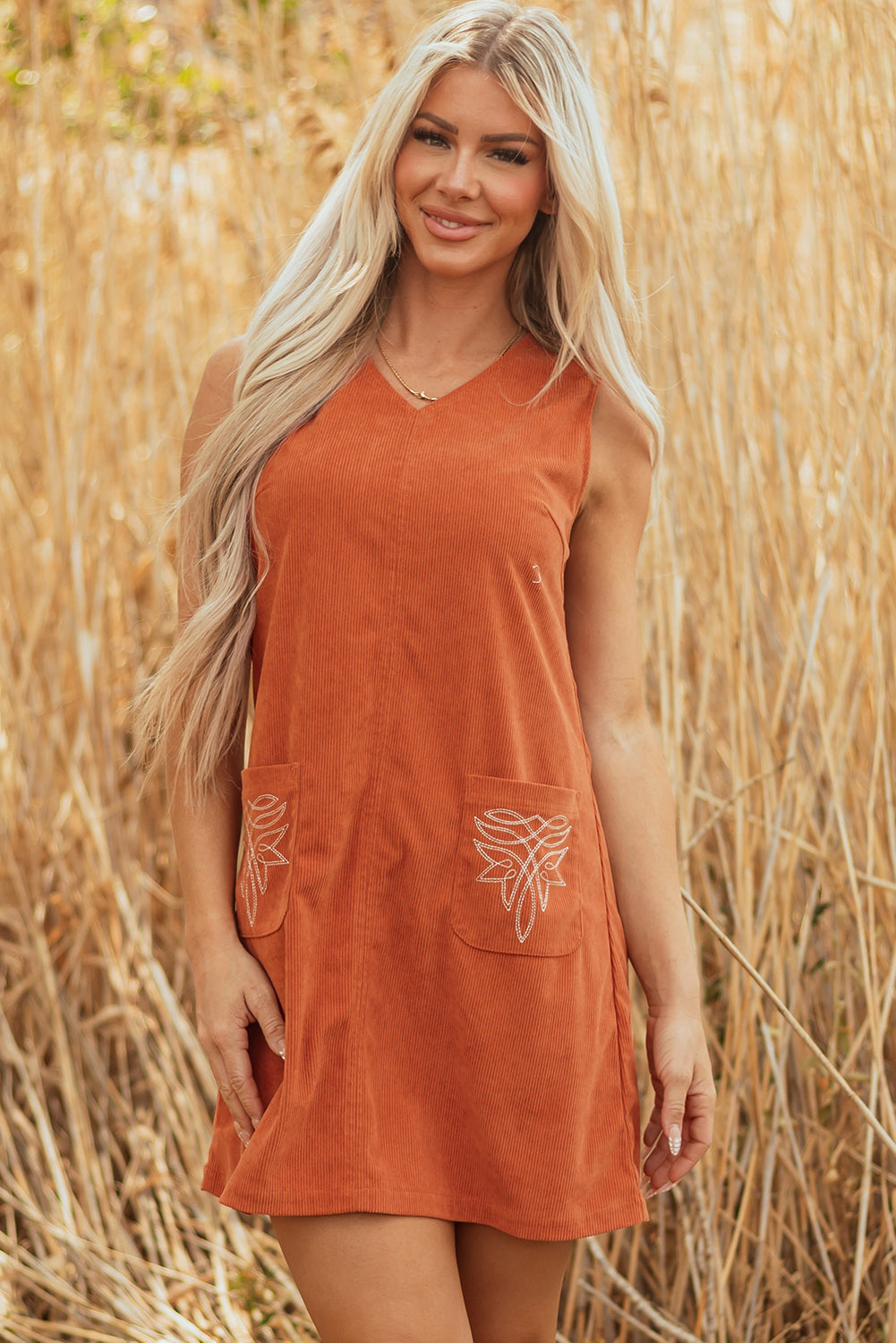 Molly Corduroy Western Embroidered Patched Pocket Mini Dress